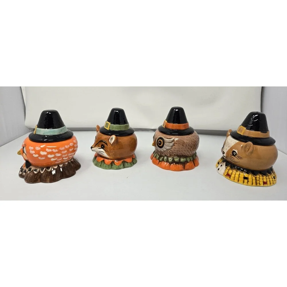 Johanna Parker Critter Bowl Pilgrim Hat Lid Transpac Thanksgiving Fall Jar Set/4